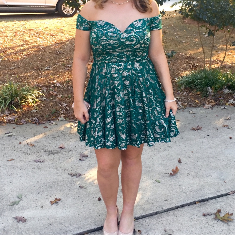 Green off the shoulder homecoming/prom dress